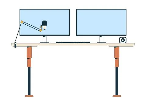 Professional dual-monitors desk setup with microphone arm 2D cartoon object 스톡 일러스트