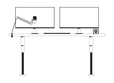 Professional dual-monitors desk setup with microphone arm 2D line object Stockillustratie
