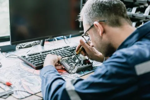 Professional electrician engineer man using Soldering Iron fixing machine p.. Stock Photos