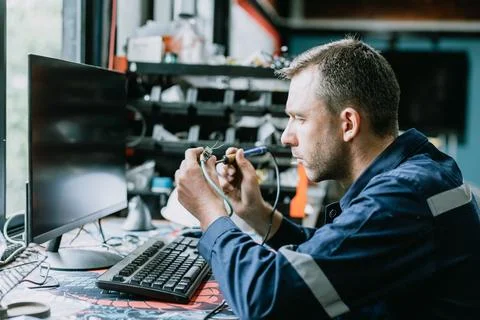 Professional electrician engineer man using Soldering Iron fixing machine p.. Stock Photos