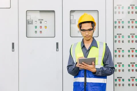 Professional Electrician Engineer man working check service electricity swi.. Stock Photos