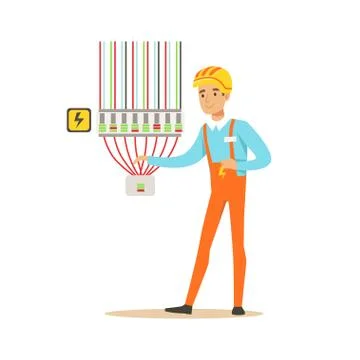 Professional electrician man character checking electrical equipment, electrical 库存插图