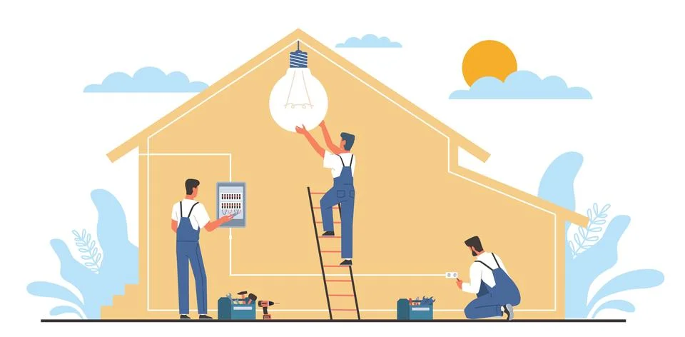 Professional electricians install electrical switchboard, socket and make Stock Illustration