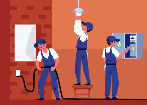 Professional electricians workers performs electric works a vector illustration. Stock Illustration