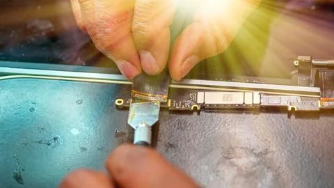 Professional electronics specialist installing replacement port on notebook.. Stock Photos
