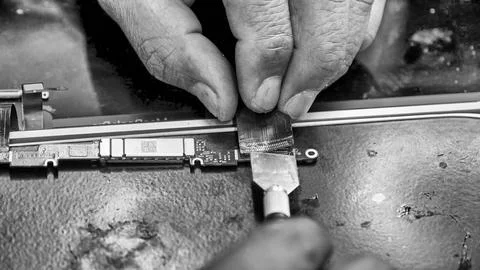 Professional electronics specialist installing replacement port on notebook.. Stock Photos