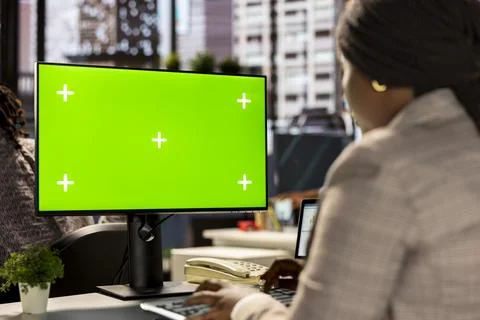Professional employee analyzing business data on pc next to copy space screen Stock Photos