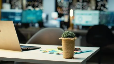 Professional empty office features computers and forecasting equipment Stock Photos