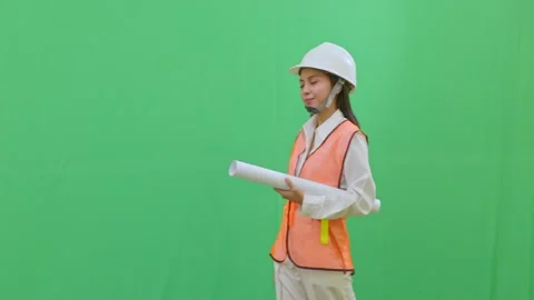 Professional Engineer with Blueprints Green Screen Stock-Footage 331152368