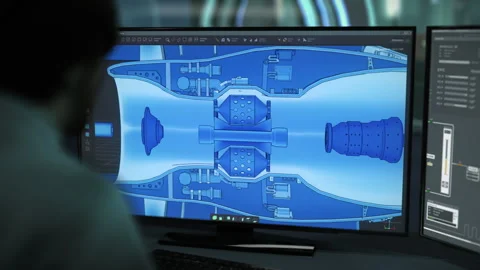 Professional engineer building a virtual industrial turbine in 3d software Stock Footage 278033196