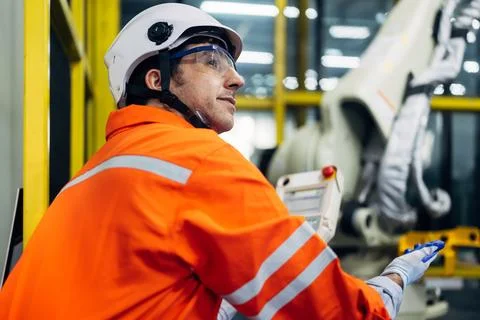 Professional engineer checking and repairing parts of automatic robotic arm Stock Photos