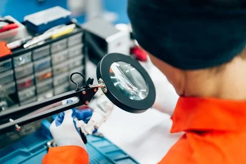 Professional engineer checking and repairing parts of robotic arm machine Stock-Fotos
