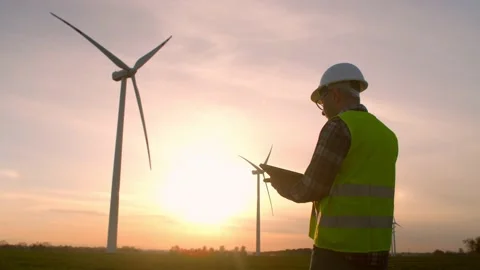Professional engineer checking wind turbine system using laptop Stock Footage 240041967