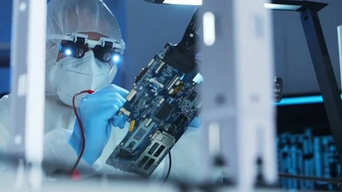 Professional engineer is developing a modern microprocessor in a futuristic Video stock 155699143