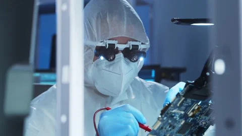 Professional engineer is developing a modern microprocessor in a futuristic Video stock 155699176