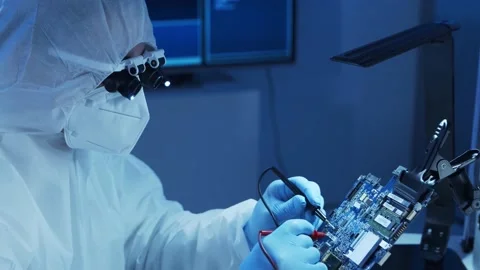 Professional engineer is developing a modern microprocessor in a futuristic Video stock 155699239