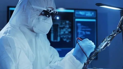 Professional engineer is developing a modern microprocessor in a futuristic Video stock 155699270