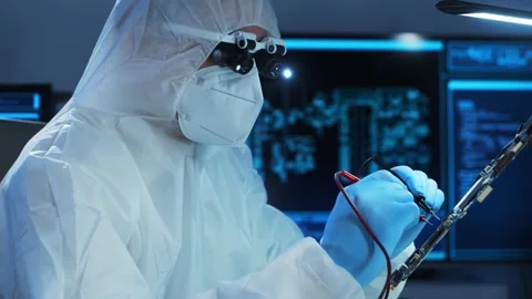 Professional engineer is developing a modern microprocessor in a futuristic Video stock 156535866