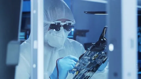 Professional engineer is developing a modern microprocessor in a futuristic Video stock 156566437