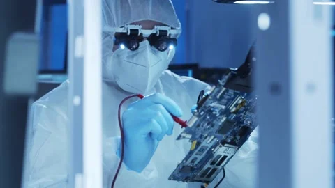 Professional engineer is developing a modern microprocessor in a futuristic Video stock 156641277