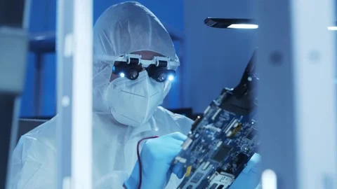 Professional engineer is developing a modern microprocessor in a futuristic Video stock 156820062