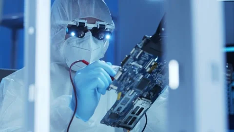 Professional engineer is developing a modern microprocessor in a futuristic Video stock 157073974