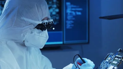Professional engineer is developing a modern microprocessor in a futuristic Video stock 157074004