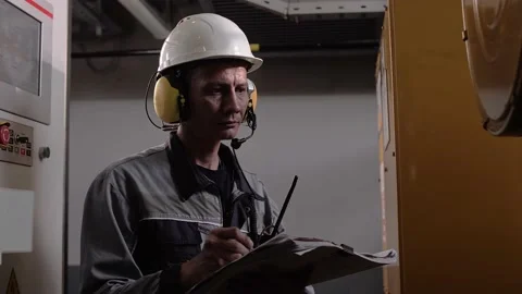 Professional engineer at diesel units in the engine room on a cargo ship Stock Footage 212402777