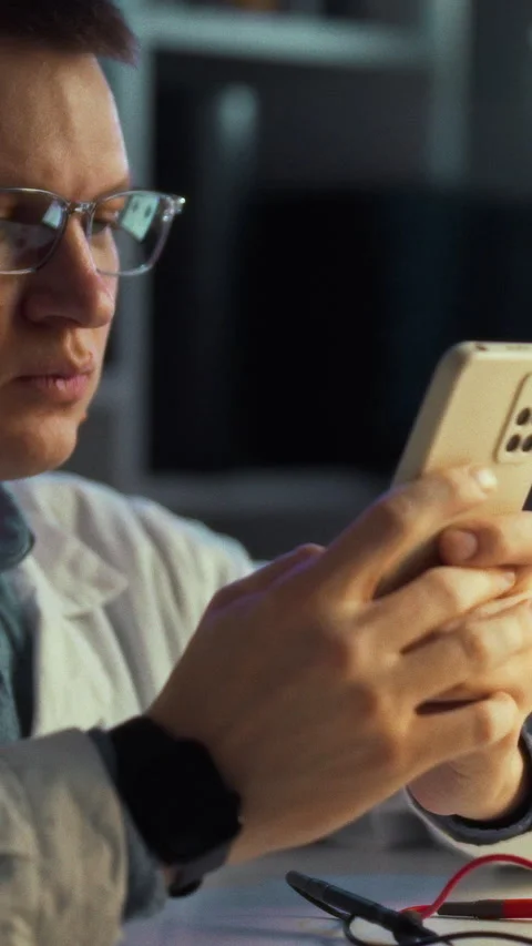 Professional engineer dressed lab coat scrutinizes smartphone alongside robo Stock Footage 331722673