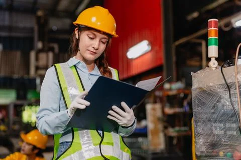Professional Engineer female worker supervisor Reading in heavy industry me.. Stockfoto's