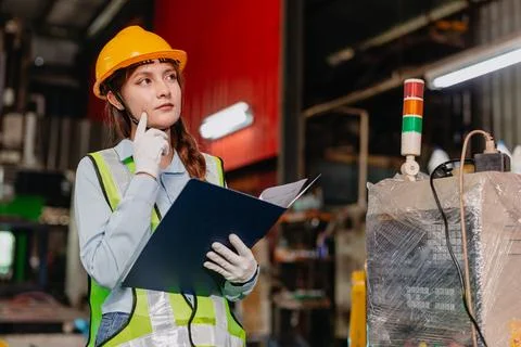 Professional Engineer female worker supervisor Thinking in heavy industry m.. Stockfoto's
