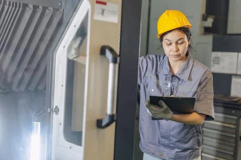 Professional Engineer female worker work control operate CNC machine in hea.. 스톡 사진