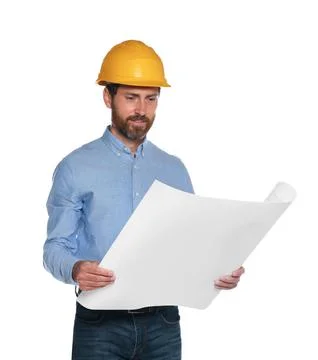 Professional engineer in hard hat with draft isolated on white Stock Photos