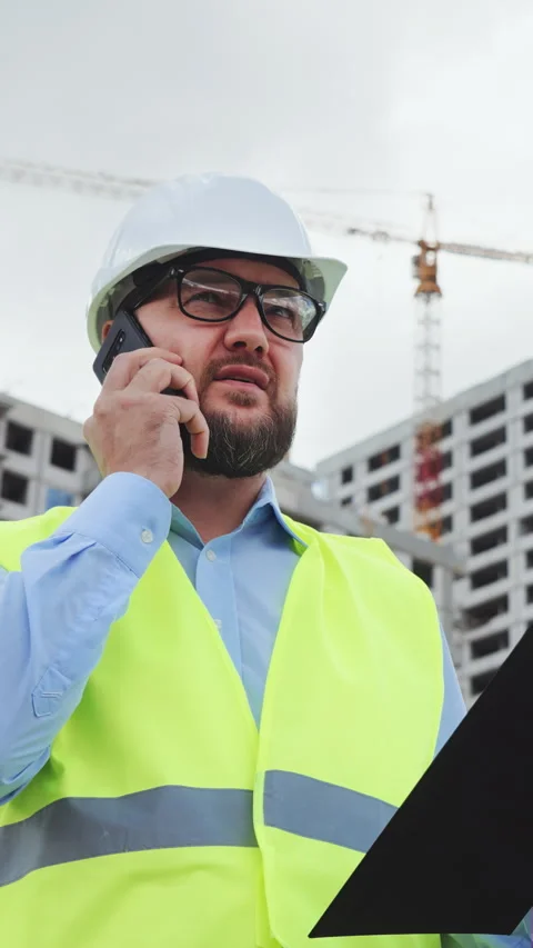 Professional engineer in hard hat talking on phone at construction site Stock-Footage 346815152