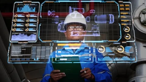 Professional engineer interacting with a transparent holographic interface displ Vídeos de archivo 342619245