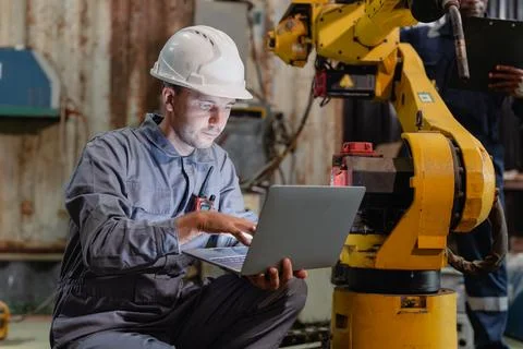 Professional engineer male using laptop computer to program, setup, check r.. Foto stock