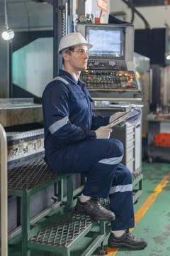 Professional Engineer male worker work control operate CNC machine in heavy.. 스톡 사진