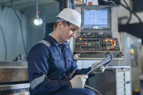 Professional Engineer male worker work control operate CNC machine in heavy.. 스톡 사진