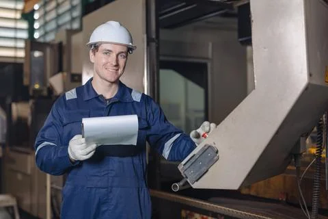 Professional Engineer male worker work control operate CNC machine in heavy.. Stock Photos