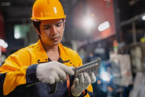 Professional Engineer male worker working check product quality measuring m.. Stock Photos