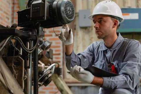 Professional engineer male worker working service inspecting robot machine,.. Stock Photos