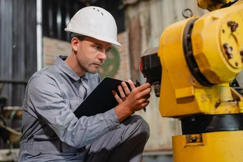 Professional engineer male worker working service inspecting robot machine,.. Stock Photos
