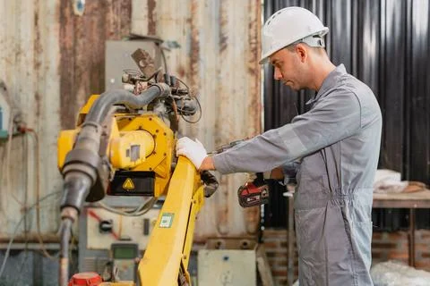 Professional engineer male worker working service inspecting robot machine,.. Stock Photos