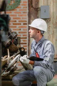 Professional engineer male worker working service inspecting robot machine,.. Stock Photos