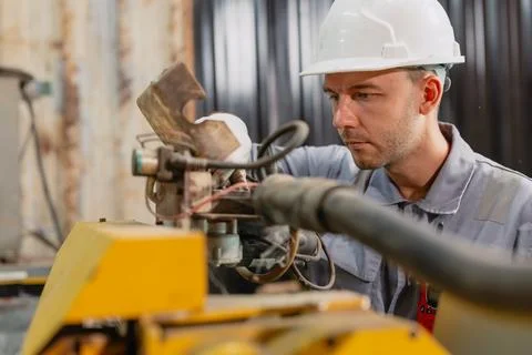Professional engineer male worker working service inspecting robot machine,.. Stock Photos