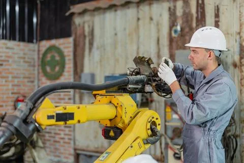 Professional engineer male worker working service inspecting robot machine,.. Stock Photos