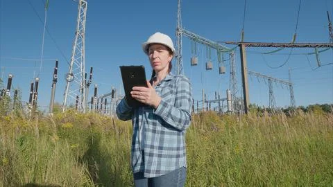 Professional Engineer in Power Field Using Tablet for Data Analysis and Monitori Foto stock