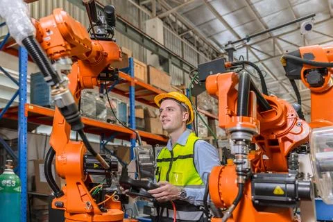 Professional engineer, robotic technician work in modern factory industrial.. Stock Photos