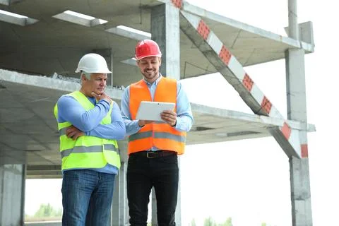 Professional engineer with tablet and foreman in safety equipment at construc Fotos de archivo