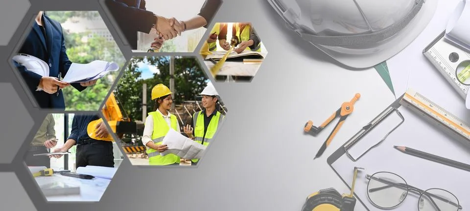 Professional engineer team in work site and engineer desk background, panoramic Stock Photos
